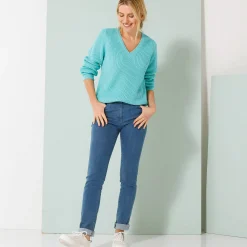 Trui En Vest<Blancheporte Tuniektrui met V-hals in patenttricot turkoois