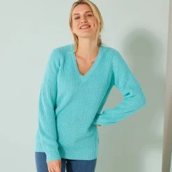 Trui En Vest<Blancheporte Tuniektrui met V-hals in patenttricot turkoois