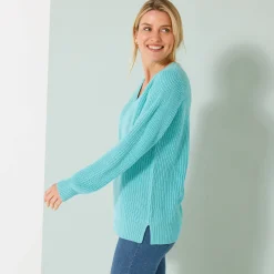 Trui En Vest<Blancheporte Tuniektrui met V-hals in patenttricot turkoois