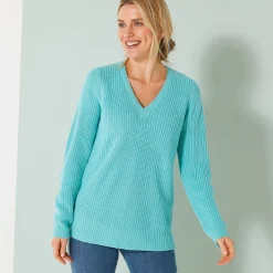Trui En Vest<Blancheporte Tuniektrui met V-hals in patenttricot turkoois