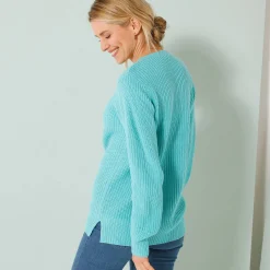 Trui En Vest<Blancheporte Tuniektrui met V-hals in patenttricot turkoois