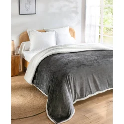 Deken<Blancheporte Tweekleurig deken in fleece en sherpa antraciet