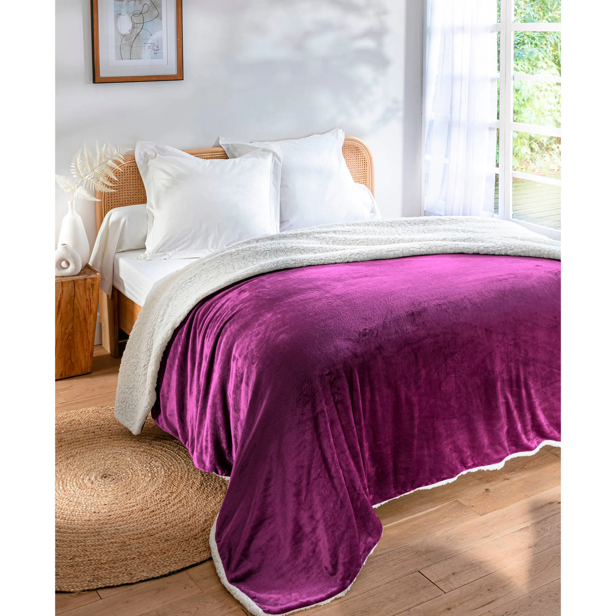 Deken<Blancheporte Tweekleurig deken in fleece en sherpa aubergine
