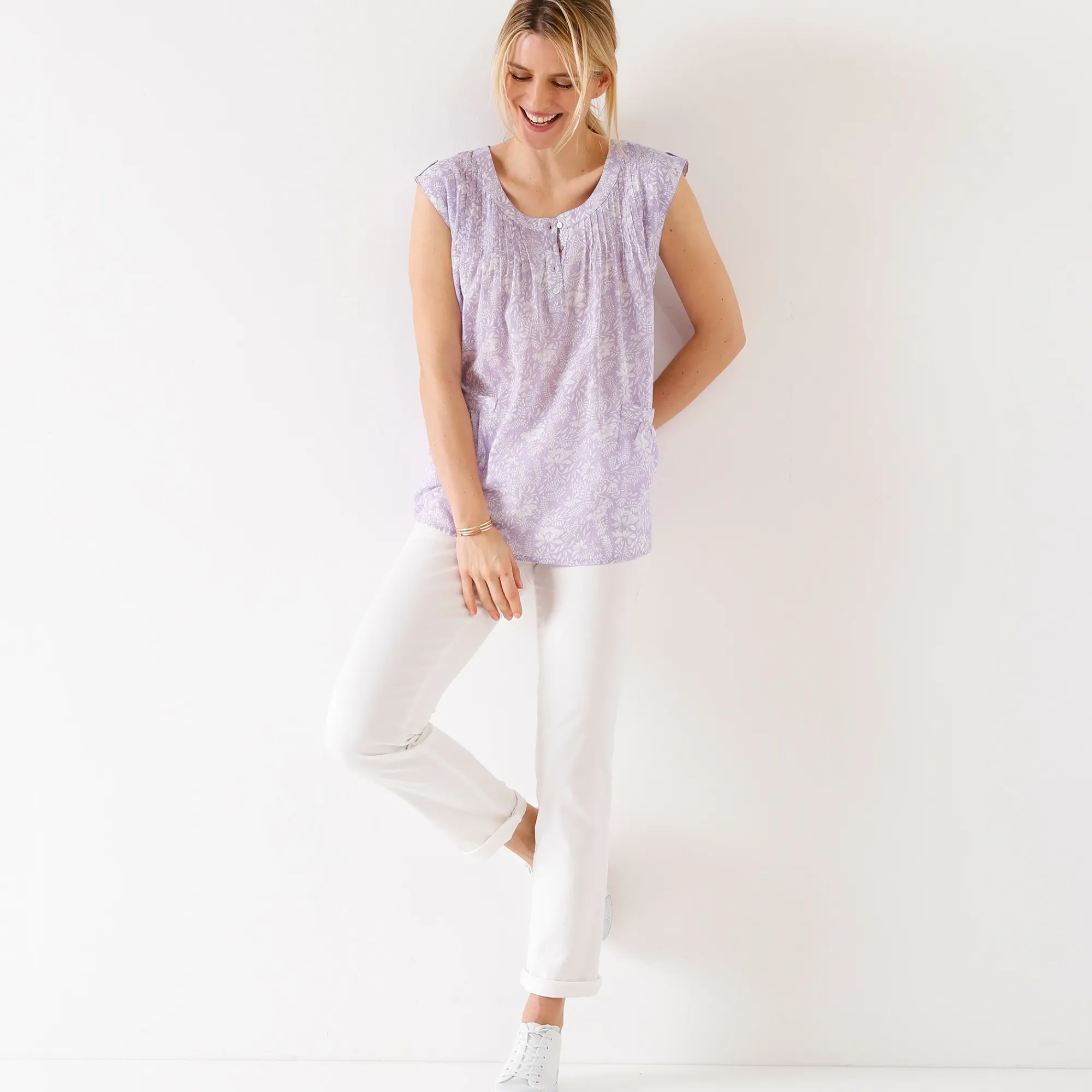 Bloes En Tuniek<Blancheporte Tweekleurige, bedrukte tuniek parma / wit