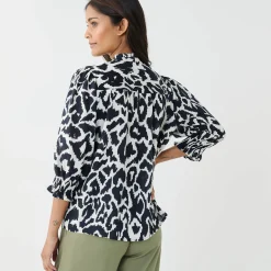 Bloes En Tuniek<Blancheporte Tweekleurige bloes met Tunesische hals, ellebooglange mouwen met smokwerk zwart / beige