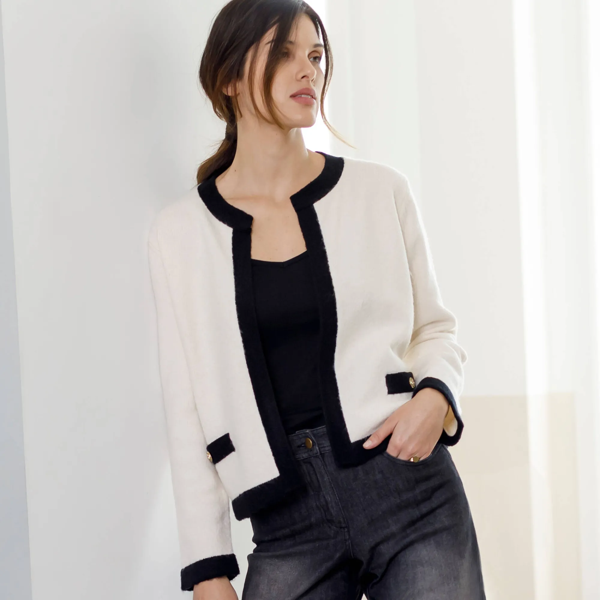 Trui En Vest<Blancheporte Tweekleurige cardigan in jasjesstijl, jerseytricot ecru / zwart