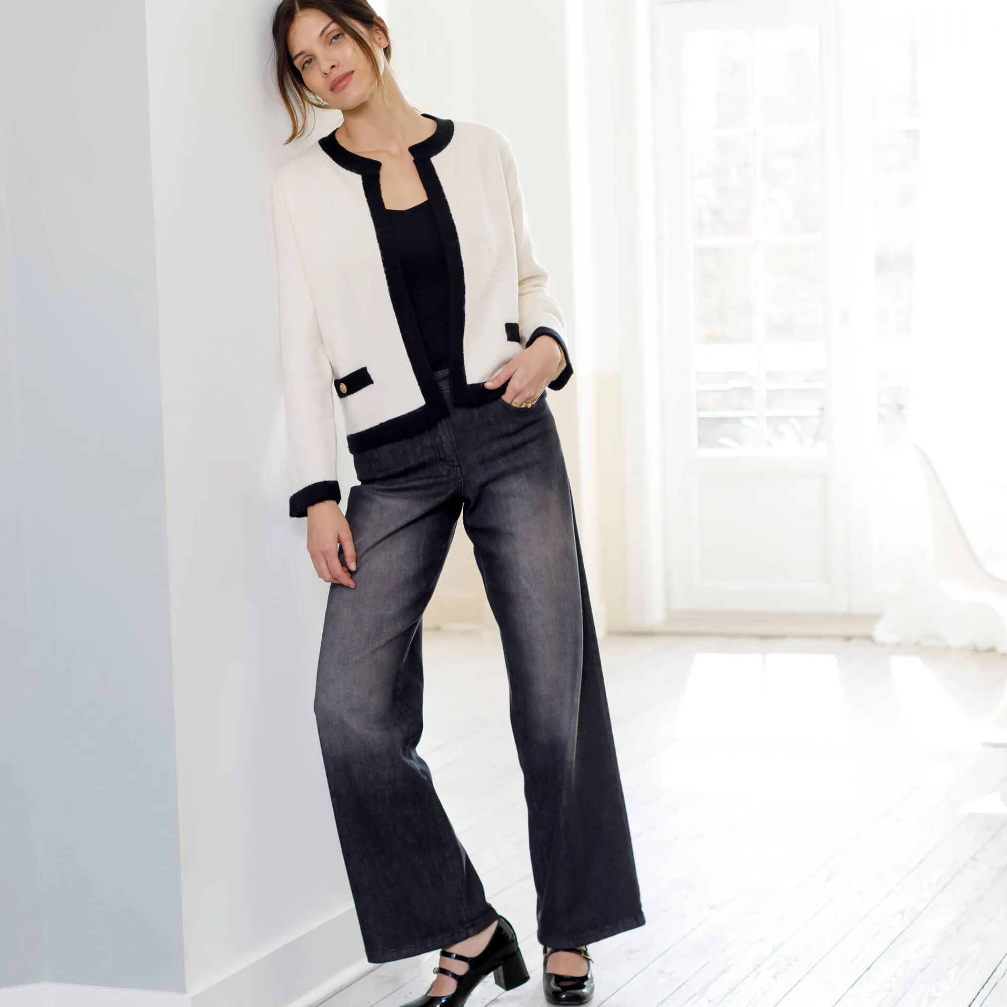 Trui En Vest<Blancheporte Tweekleurige cardigan in jasjesstijl, jerseytricot ecru / zwart