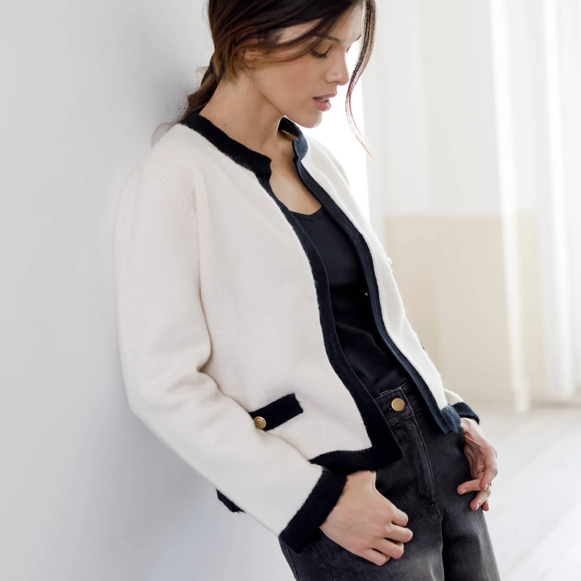 Trui En Vest<Blancheporte Tweekleurige cardigan in jasjesstijl, jerseytricot ecru / zwart