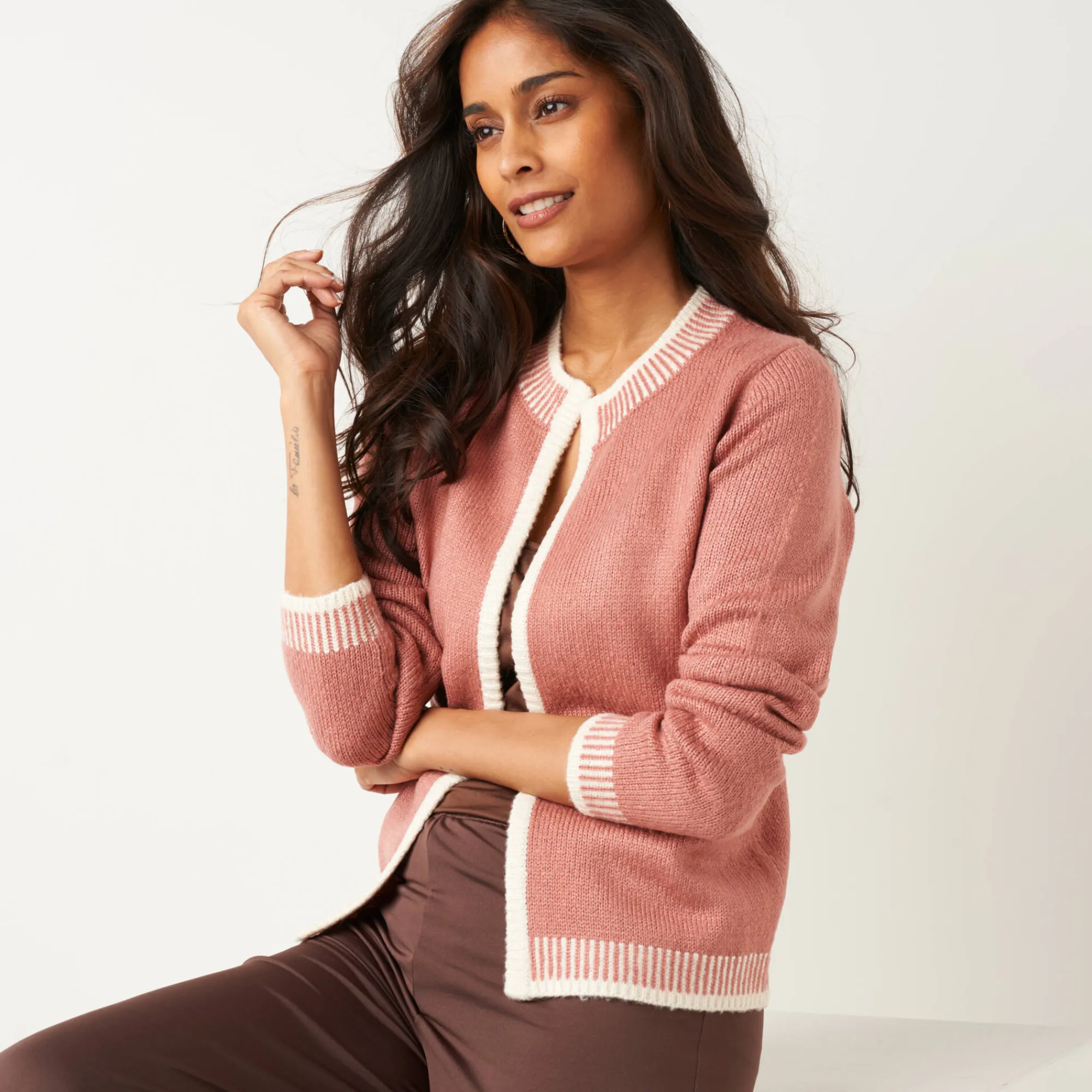 Trui En Vest<Blancheporte Tweekleurige cardigan, ronde hals rozenhout / ecru
