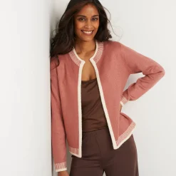 Trui En Vest<Blancheporte Tweekleurige cardigan, ronde hals rozenhout / ecru