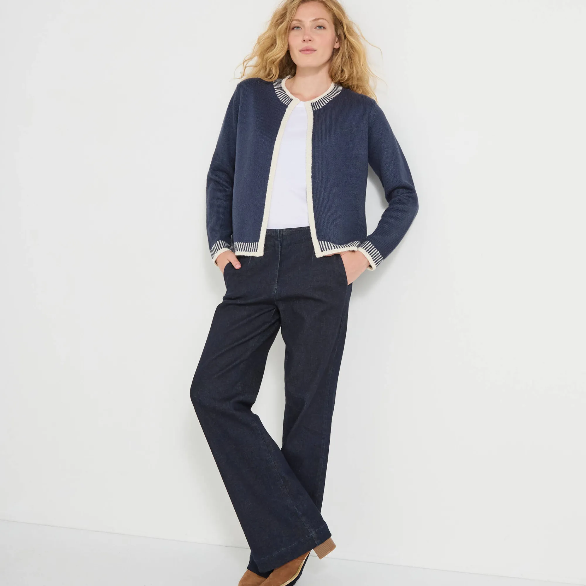 Trui En Vest<Blancheporte Tweekleurige cardigan, ronde hals marine / ecru