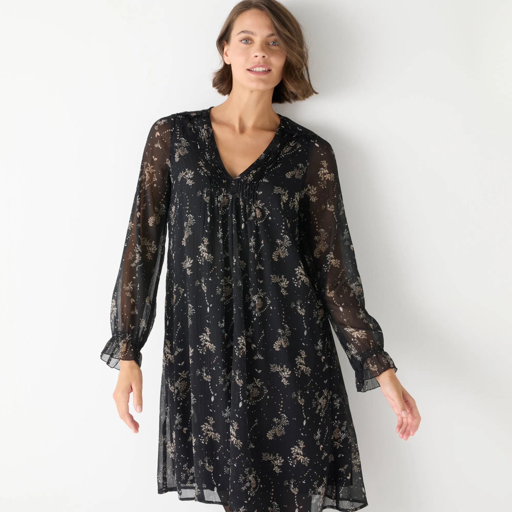 Feestoutfits Dames|Jurk<Blancheporte Tweekleurige jurk met plooitjes, bladerenprint zwart / beige