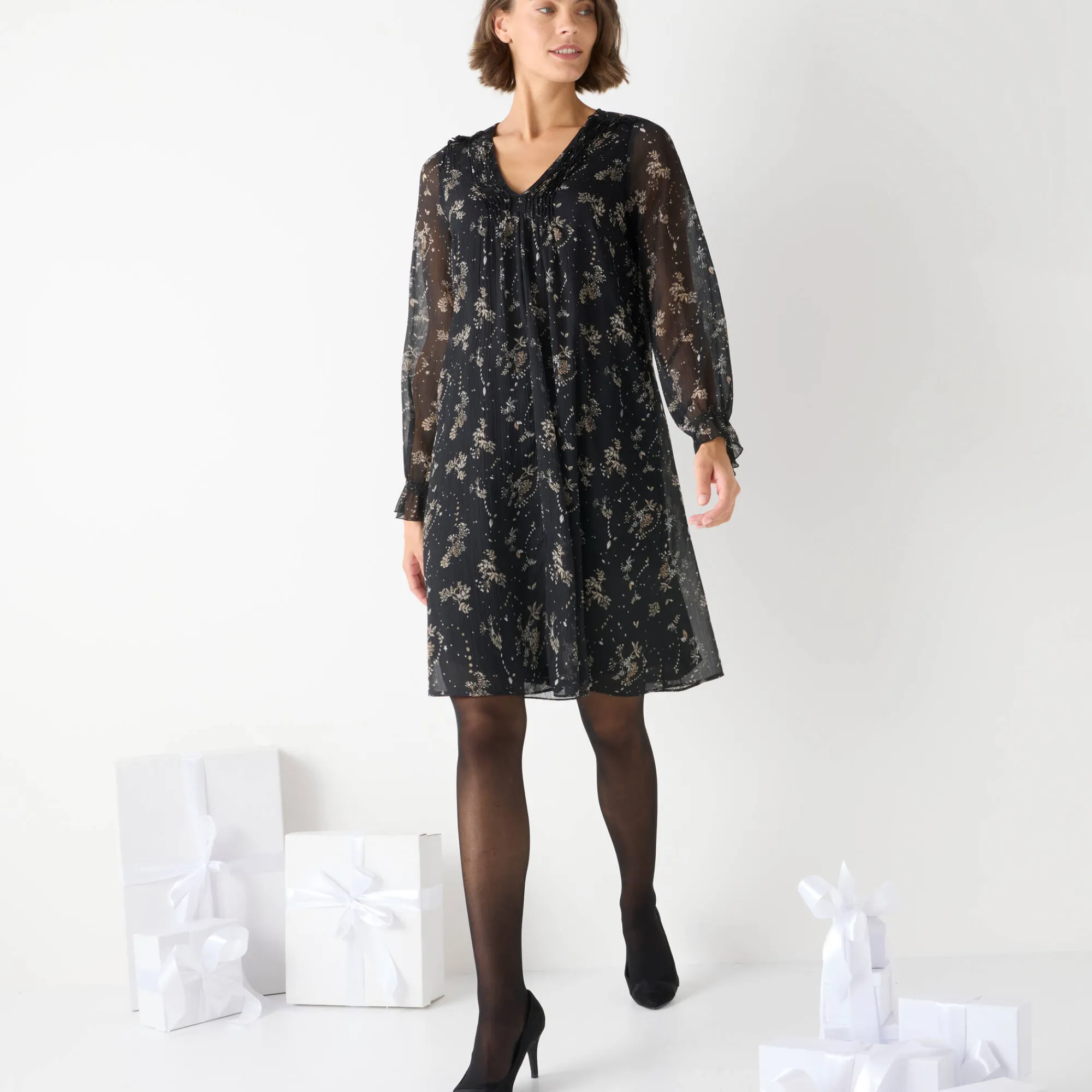 Feestoutfits Dames|Jurk<Blancheporte Tweekleurige jurk met plooitjes, bladerenprint zwart / beige