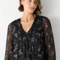 Feestoutfits Dames|Jurk<Blancheporte Tweekleurige jurk met plooitjes, bladerenprint zwart / beige