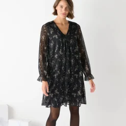 Feestoutfits Dames|Jurk<Blancheporte Tweekleurige jurk met plooitjes, bladerenprint zwart / beige