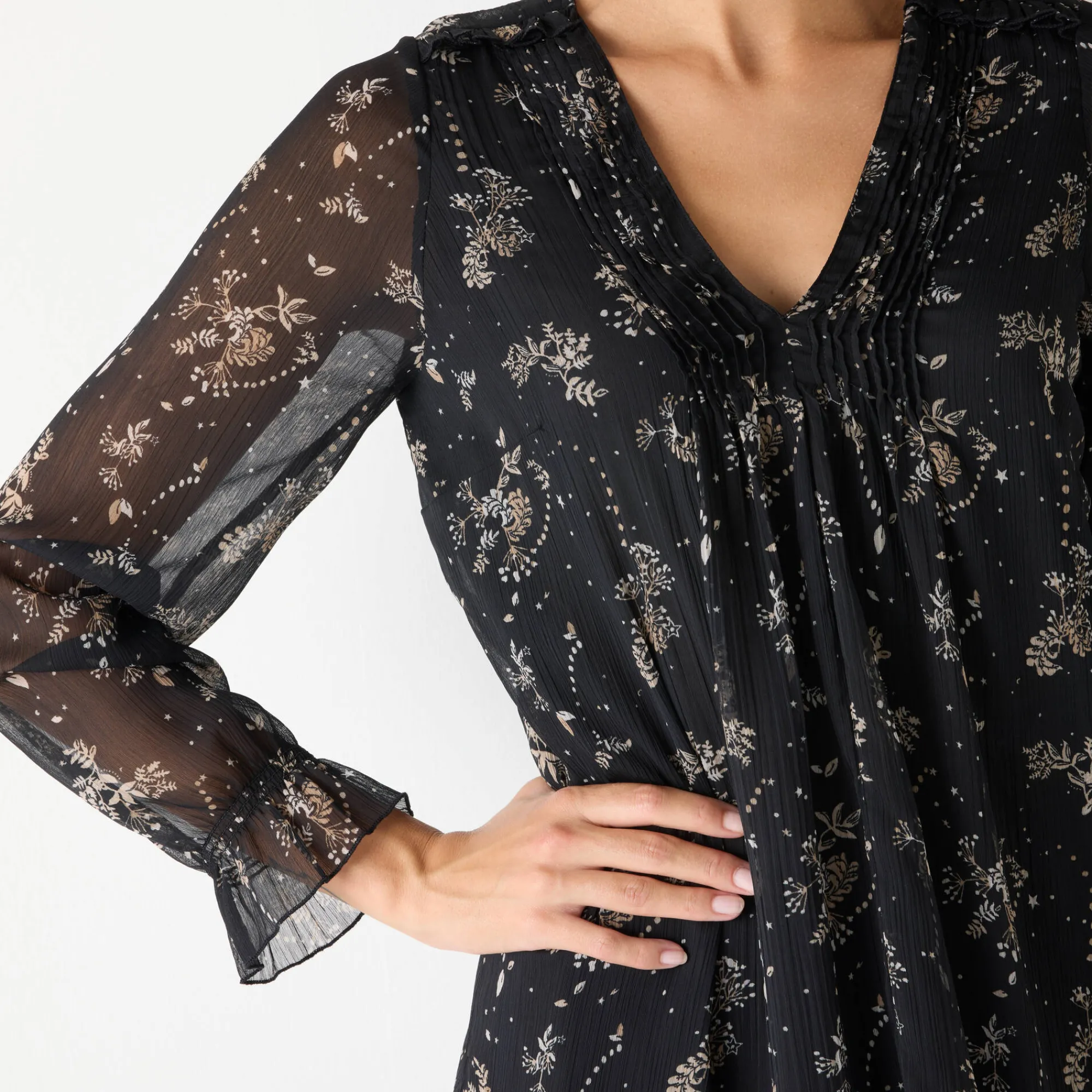 Feestoutfits Dames|Jurk<Blancheporte Tweekleurige jurk met plooitjes, bladerenprint zwart / beige