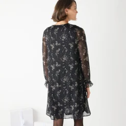 Feestoutfits Dames|Jurk<Blancheporte Tweekleurige jurk met plooitjes, bladerenprint zwart / beige
