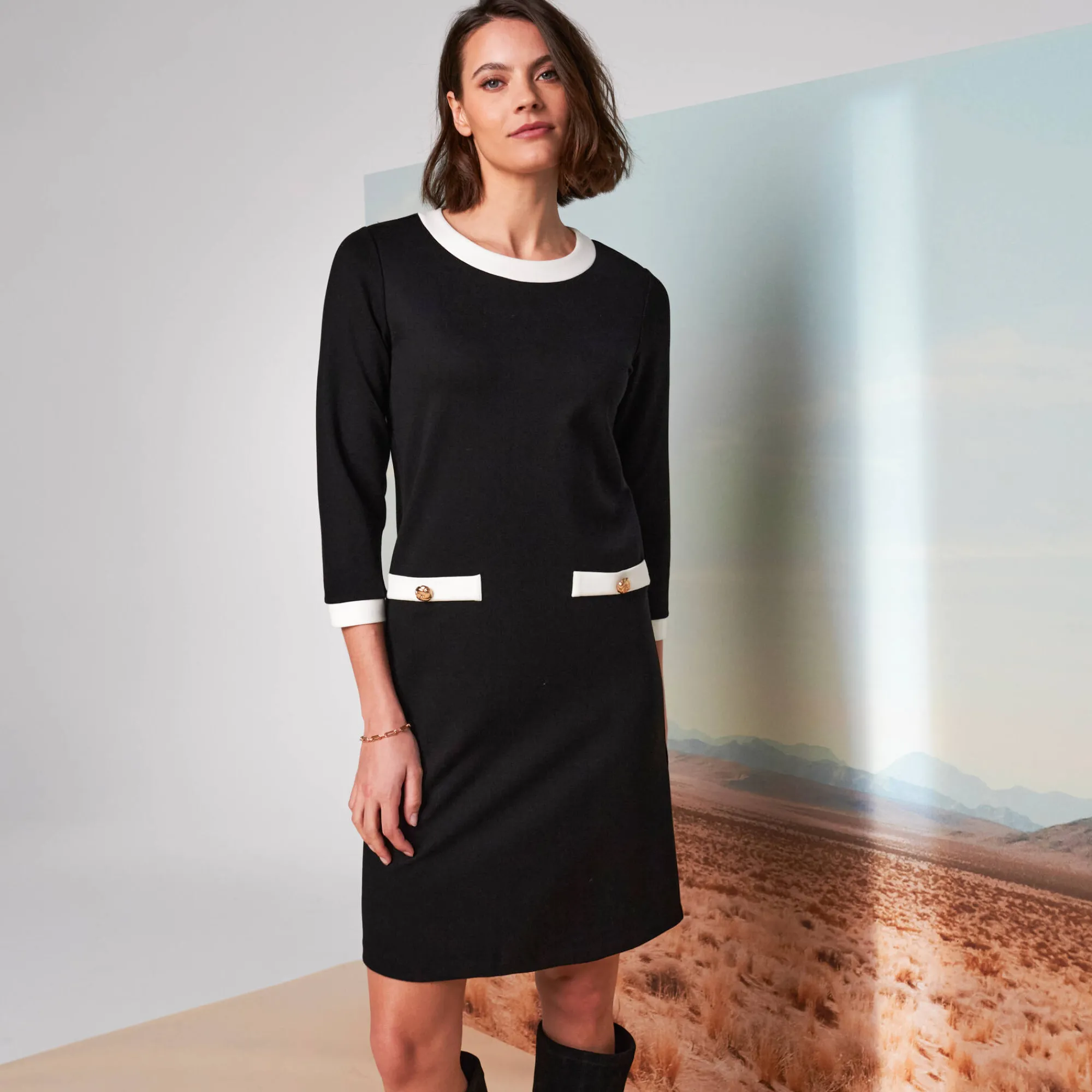 Jurk<Blancheporte Tweekleurige jurk, milanotricot zwart / ecru