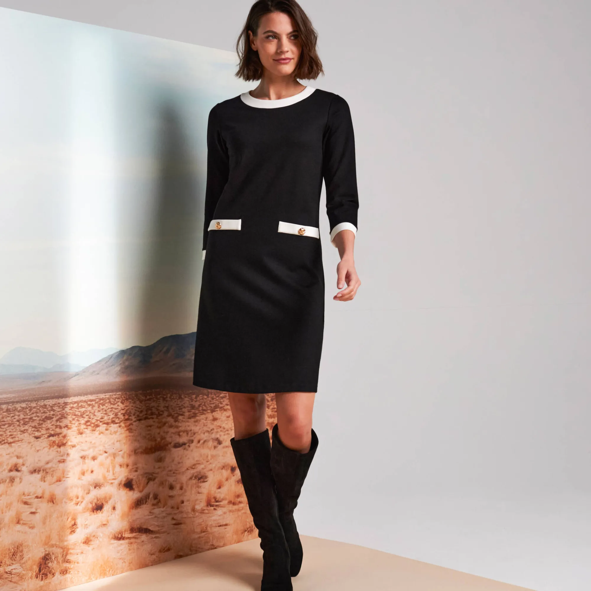 Jurk<Blancheporte Tweekleurige jurk, milanotricot zwart / ecru