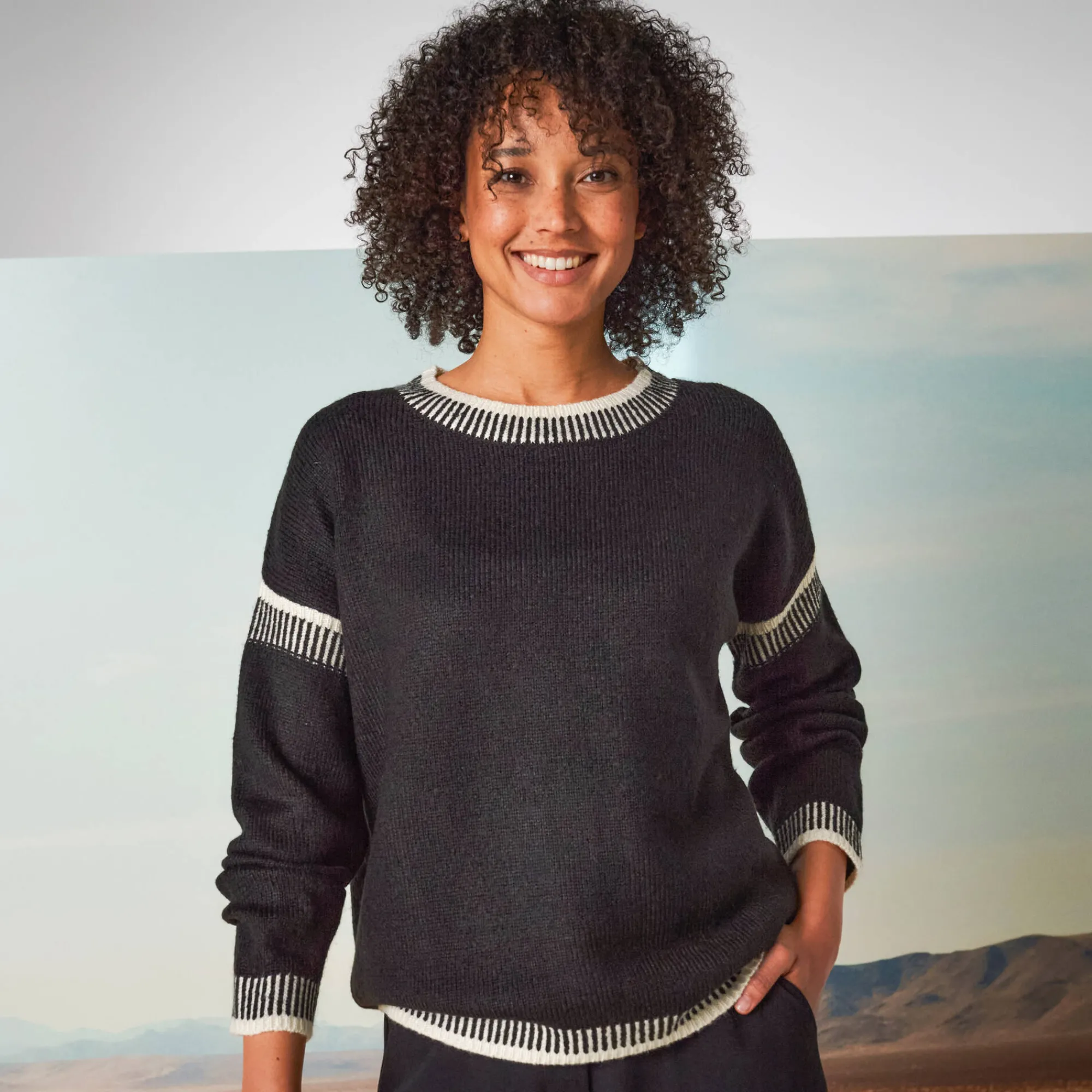 Trui En Vest<Blancheporte Tweekleurige loose trui, ronde hals zwart / ecru