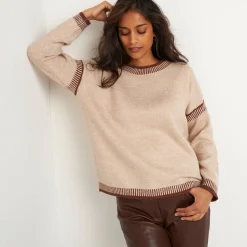 Trui En Vest<Blancheporte Tweekleurige loose trui, ronde hals beige / chocolade