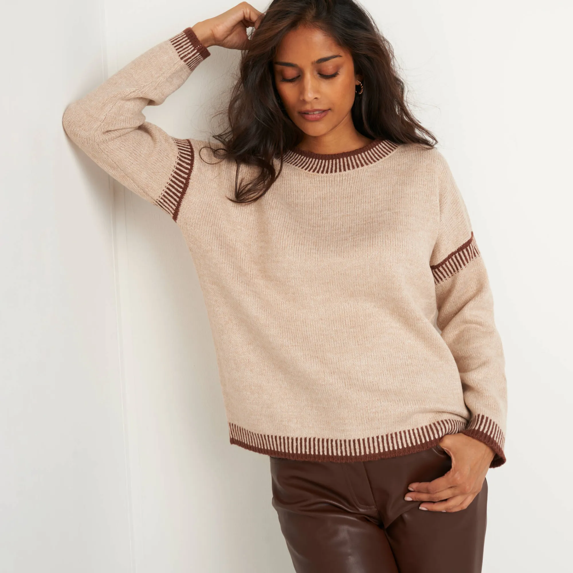 Trui En Vest<Blancheporte Tweekleurige loose trui, ronde hals beige / chocolade