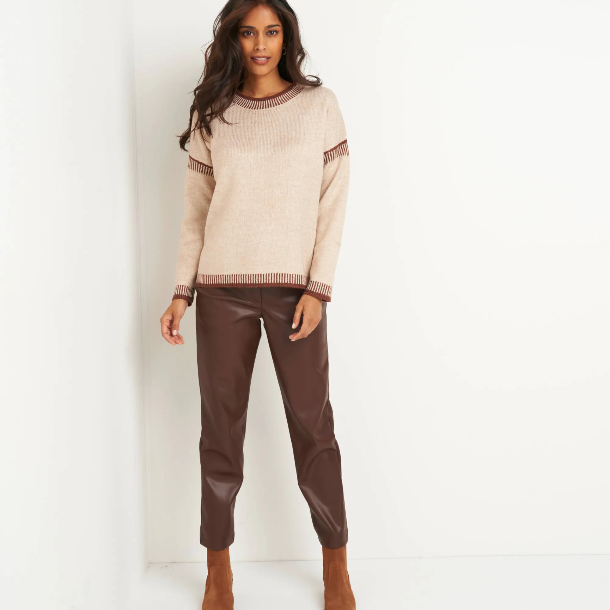 Trui En Vest<Blancheporte Tweekleurige loose trui, ronde hals beige / chocolade