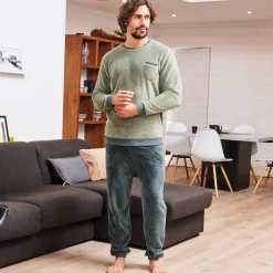 Pyjama En Kamerjas<Blancheporte Tweekleurige pyjama in fleece met lange mouwen kaki