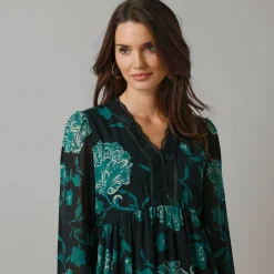 Feestoutfits Dames|Jurk<Lora Zellini Uitlopende jurk in bloemenvoile, V-hals in kant zwart / groen