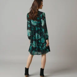 Feestoutfits Dames|Jurk<Lora Zellini Uitlopende jurk in bloemenvoile, V-hals in kant zwart / groen