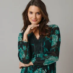 Feestoutfits Dames|Jurk<Lora Zellini Uitlopende jurk in bloemenvoile, V-hals in kant zwart / groen