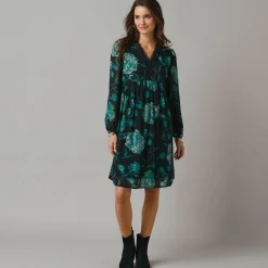 Feestoutfits Dames|Jurk<Lora Zellini Uitlopende jurk in bloemenvoile, V-hals in kant zwart / groen