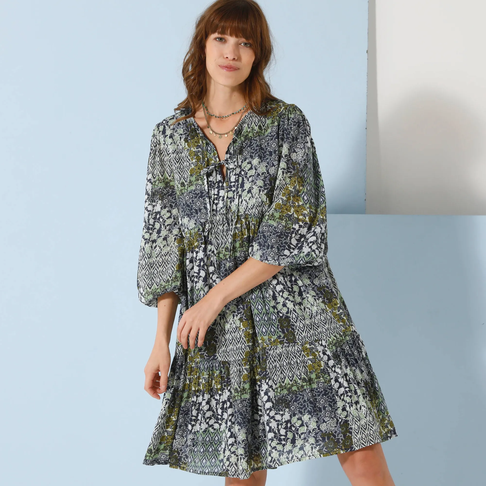 Jurk<Blancheporte Uitlopende jurk met strook, bedrukt groenblauw