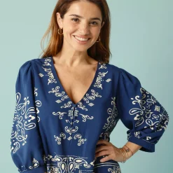Jurk<Blancheporte Uitlopende jurk voor Kleine Lengtes, tweekleurige print indigo