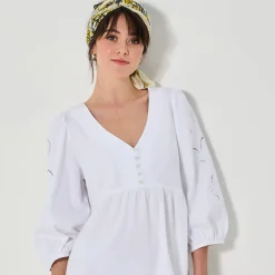 Jurk<Blancheporte Uitlopende korte jurk, details in broderie anglaise wit