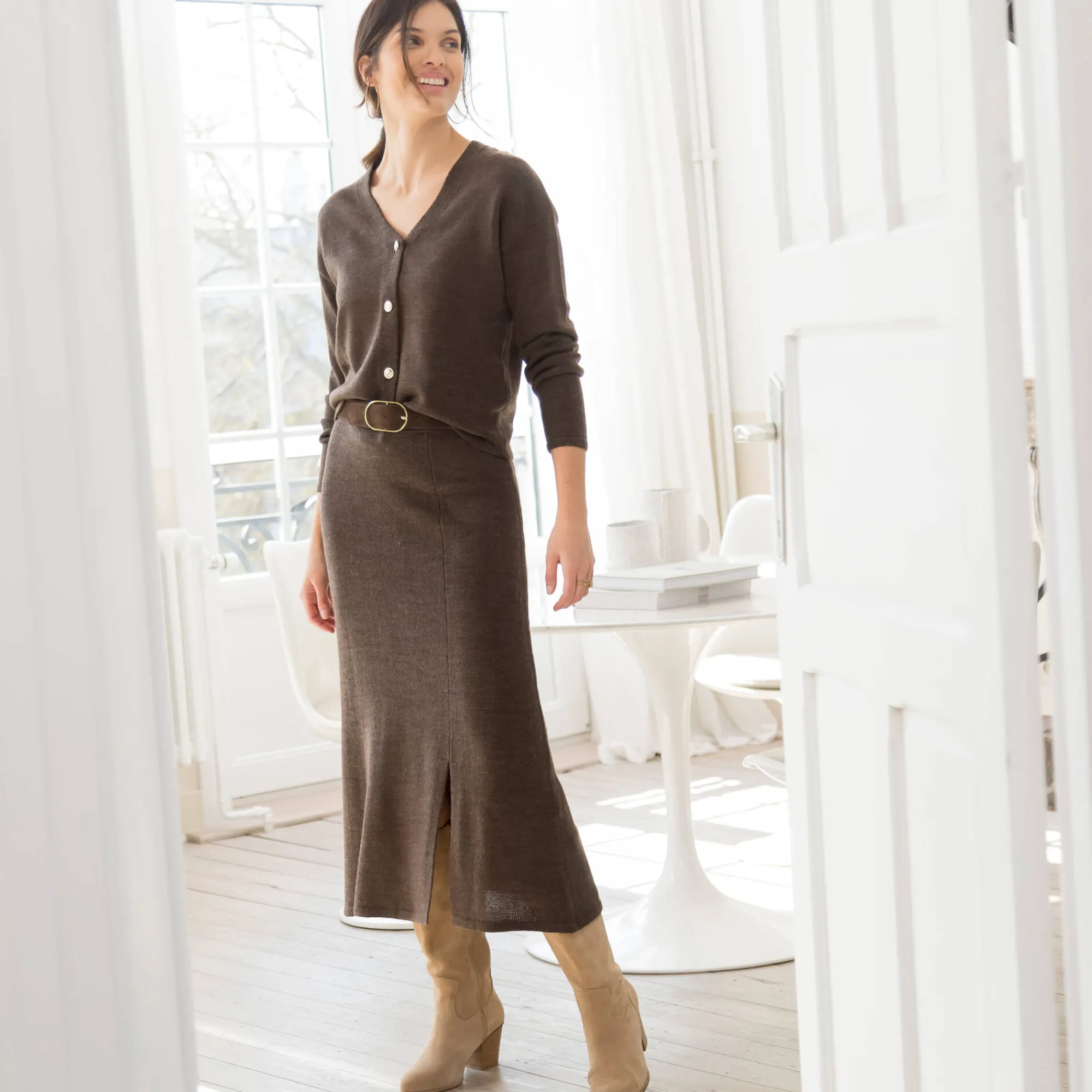 Rok<Blancheporte Uitlopende rok in midimodel, tricot chocolade