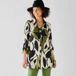 Bloes En Tuniek<Blancheporte Uitlopende tuniek met knopen en grafische print zwart / kaki