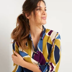 Bloes En Tuniek<Blancheporte Uitlopende tuniek met knopen en grafische print marine / blauw
