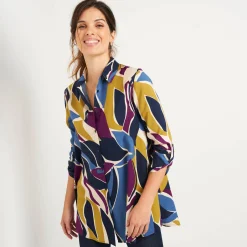 Bloes En Tuniek<Blancheporte Uitlopende tuniek met knopen en grafische print marine / blauw