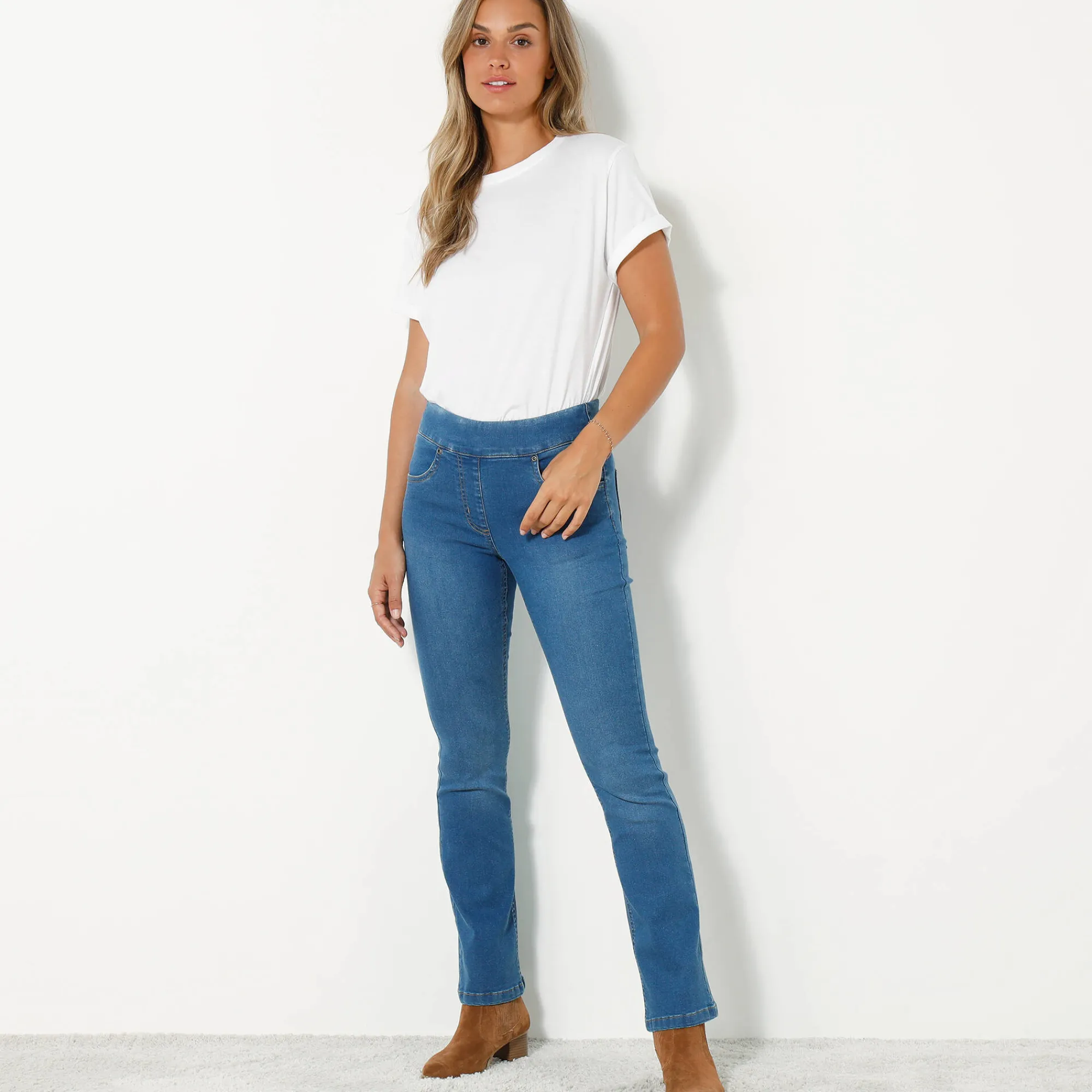 Jeans<Blancheporte Ultracomfortabele bootcutjeans, tricot met denimeffect, kleine lengte stone