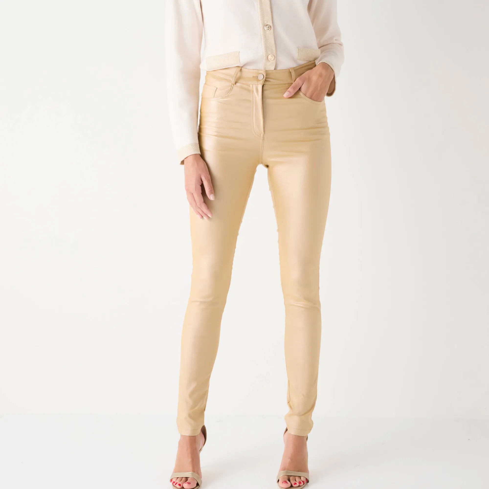Feestoutfits Dames|Broek<Blancheporte Ultrarekbare, nauwsluitende broek met coating goudkleurig