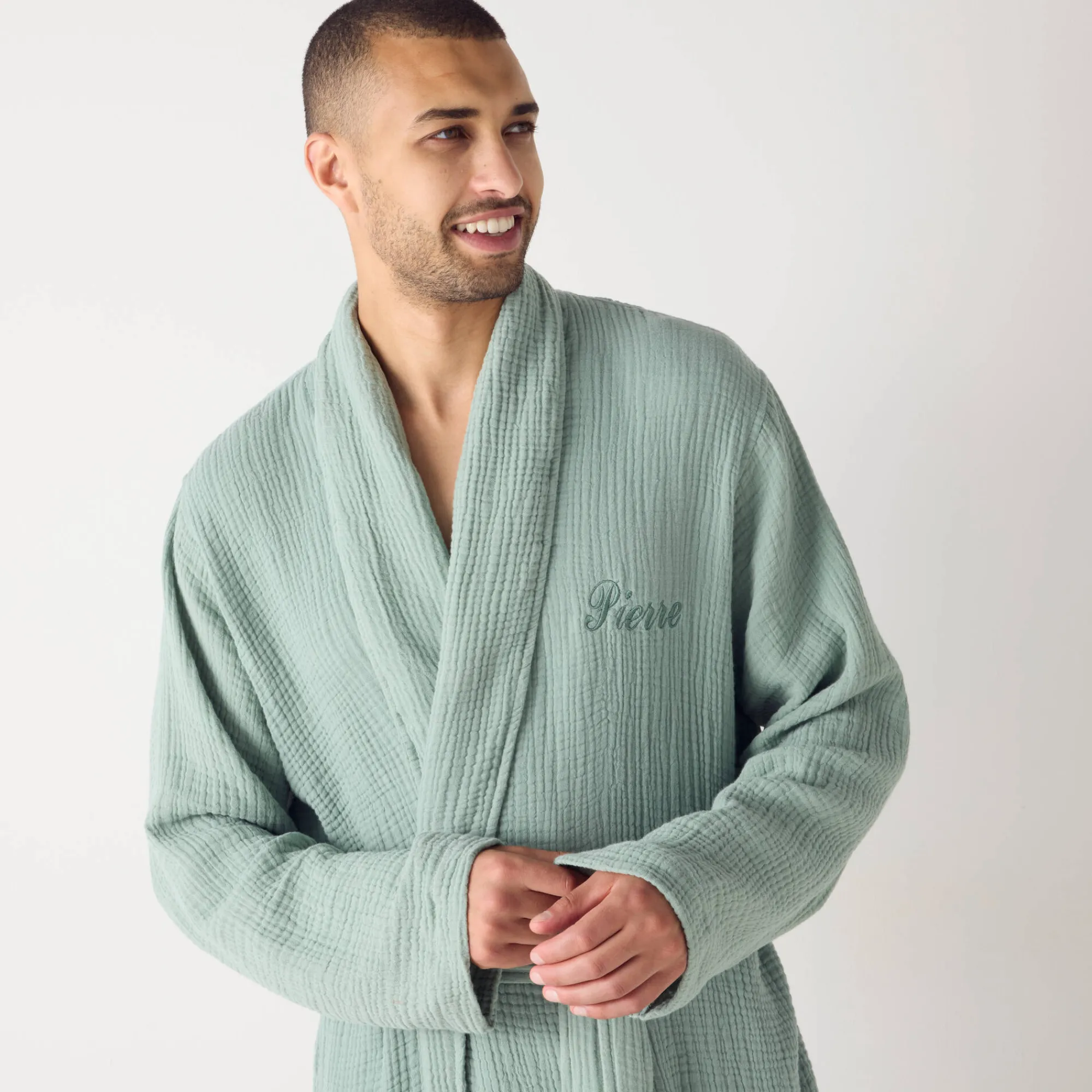 Badjas<Colombine Uniseks badjas met sjaalkraag in tetrastof ®, personaliseerbaar groen