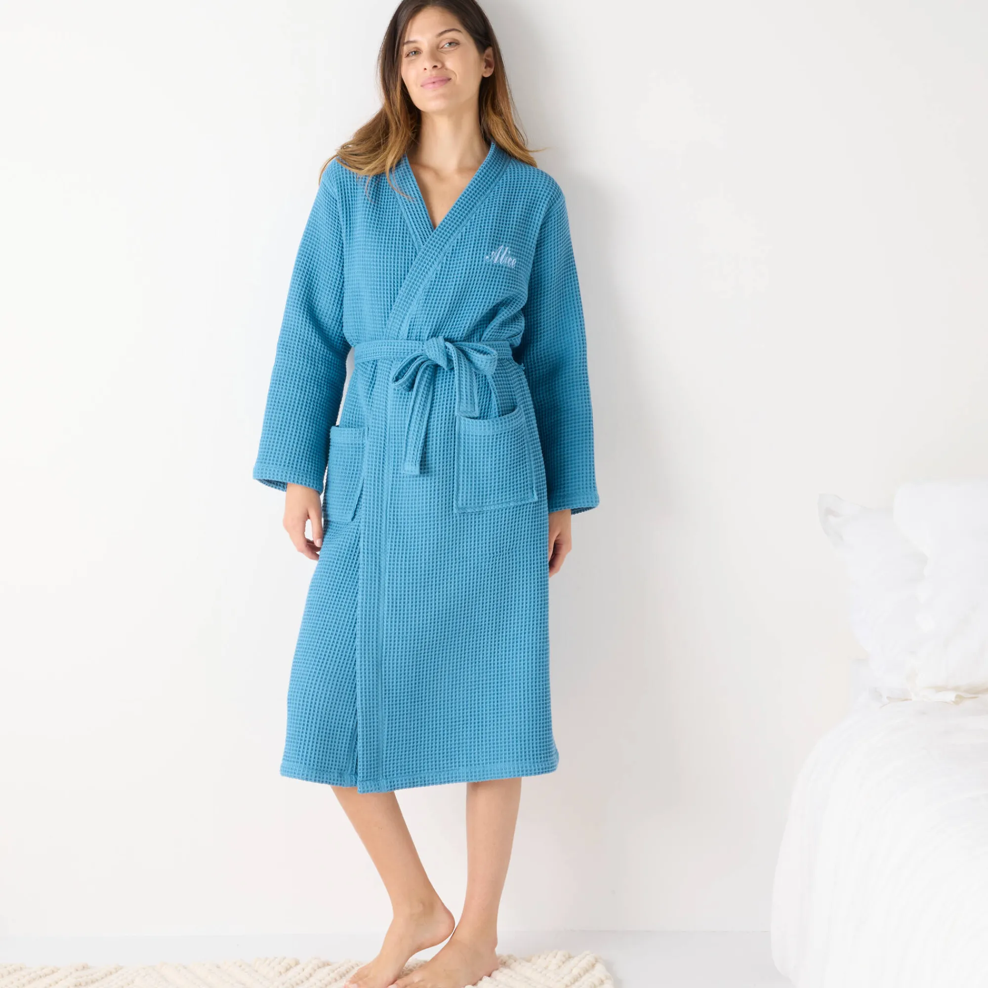Badjas<Colombine Uniseks badjas voor volwassenen in bijenraattricot 280 g/m2, personaliseerbaar blauw