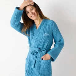 Badjas<Colombine Uniseks badjas voor volwassenen in bijenraattricot 280 g/m2, personaliseerbaar blauw