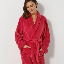 Badjas<Blancheporte Unisex badjas, volwassenen, met sjaalkraag, microvezel met pluchetouch framboos