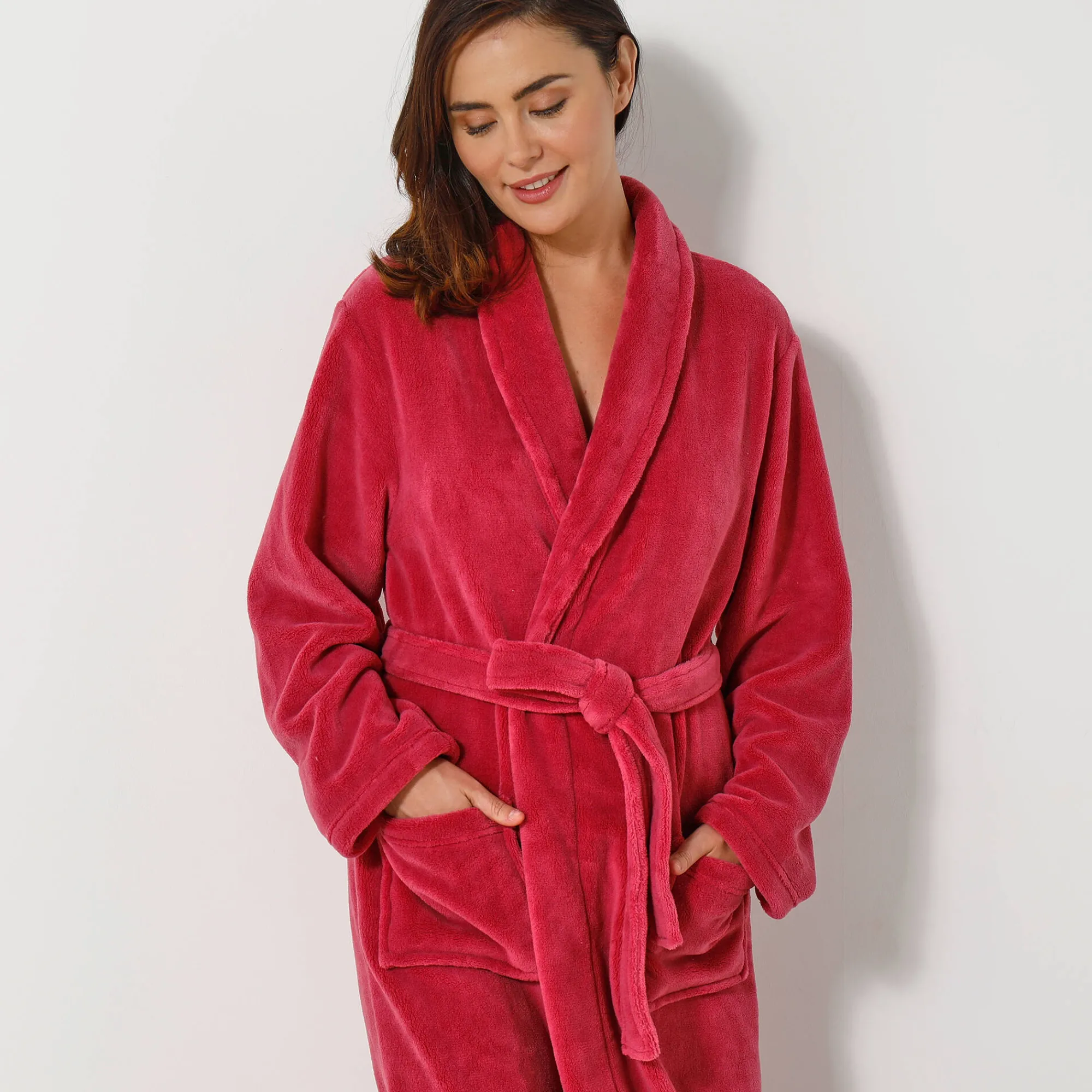 Badjas<Blancheporte Unisex badjas, volwassenen, met sjaalkraag, microvezel met pluchetouch framboos