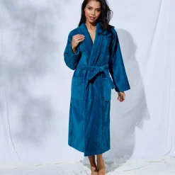 Badjas<Colombine Unisex badjas voor volwassenen, veloursbadstof met sjaalkraag pauwblauw