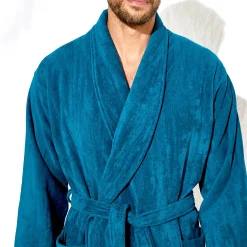 Badjas<Colombine Unisex badjas voor volwassenen, veloursbadstof met sjaalkraag pauwblauw
