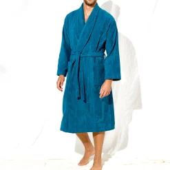 Badjas<Colombine Unisex badjas voor volwassenen, veloursbadstof met sjaalkraag pauwblauw
