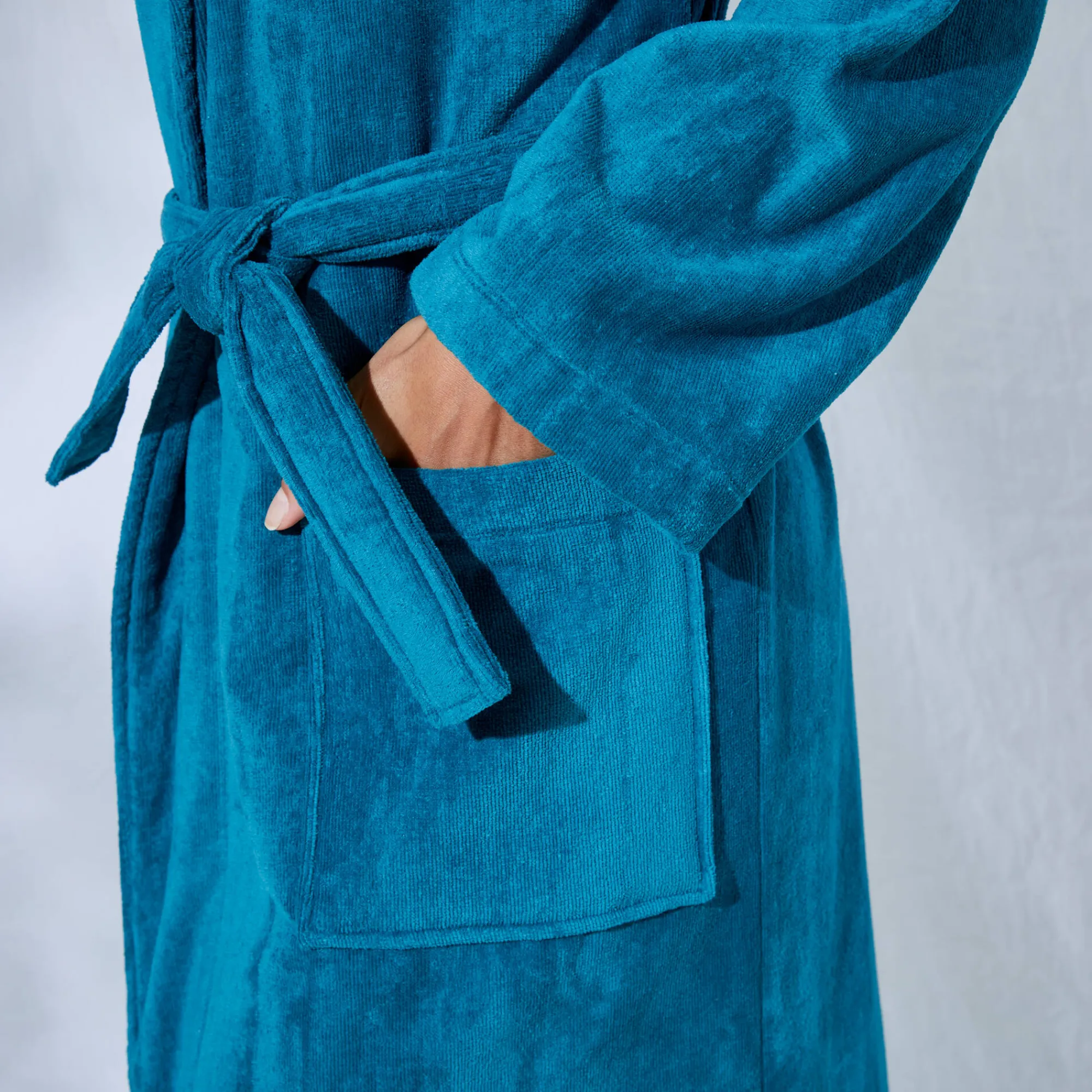 Badjas<Colombine Unisex badjas voor volwassenen, veloursbadstof met sjaalkraag pauwblauw